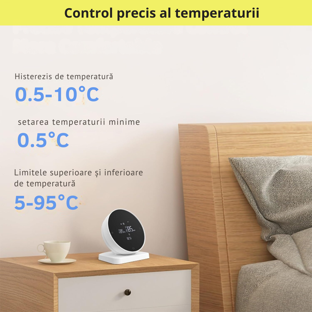 Termostat de Ambient Smart Lemaro®, WIFI si RF Wireless, Touchscreen, Control Vocal si de la Distanta via Telefon/Internet, Compatibil cu Tuya/Google Home,1 x HigroTermometru Inclus