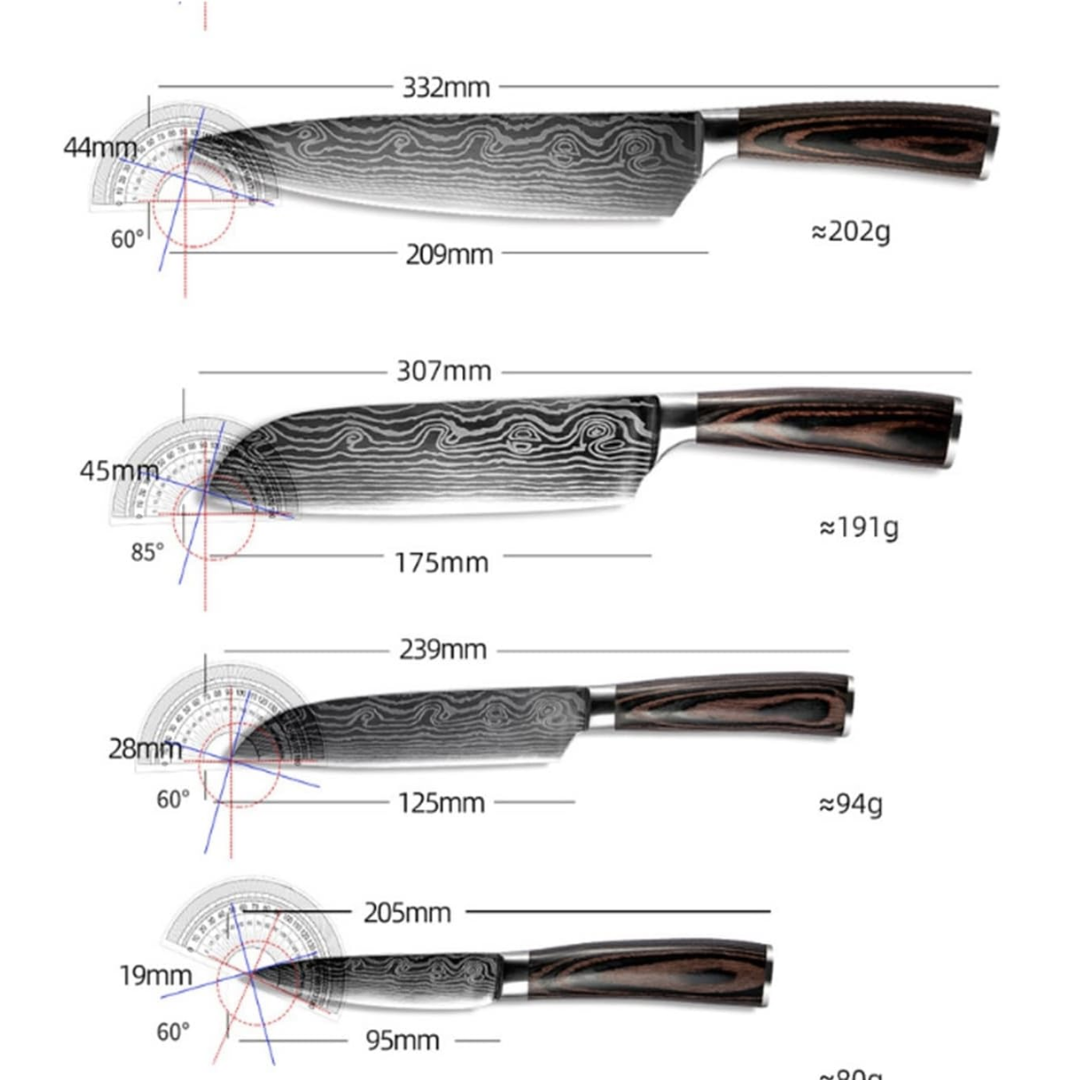 Set Cutite Profesionale de Bucatarie Japoneze Lemaro®, HRC 60, Calire Laser, 7 Cutite, Maner din Lemn, Calitate Premium