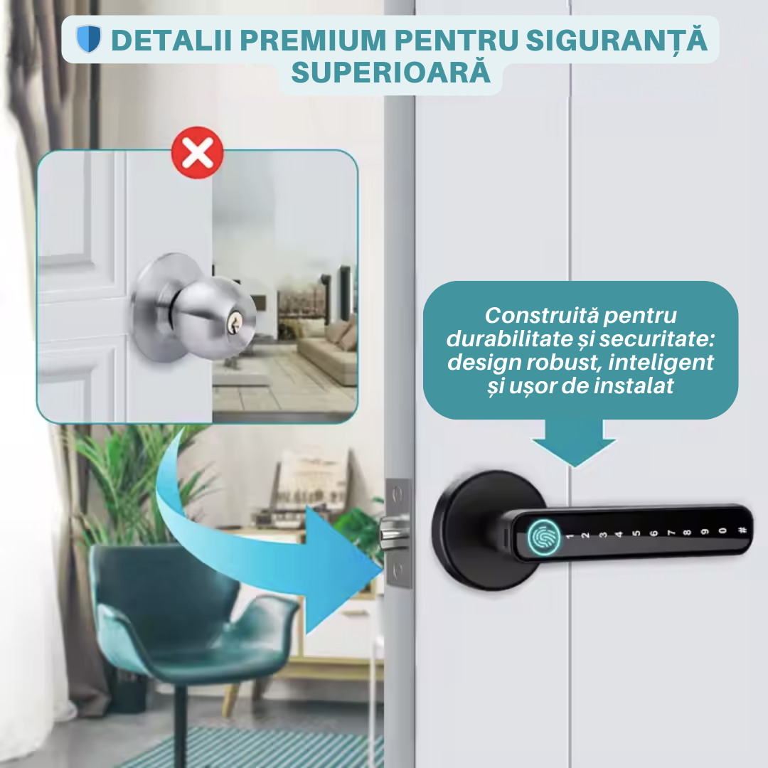 Yala Incuietoare Inteligenta Lemaro®, Acces prin Aplicatia Tuya, Inchidere digitala a usii, Amprenta, Cartela, Parole Temporare si Permanente, Cheie, Negru