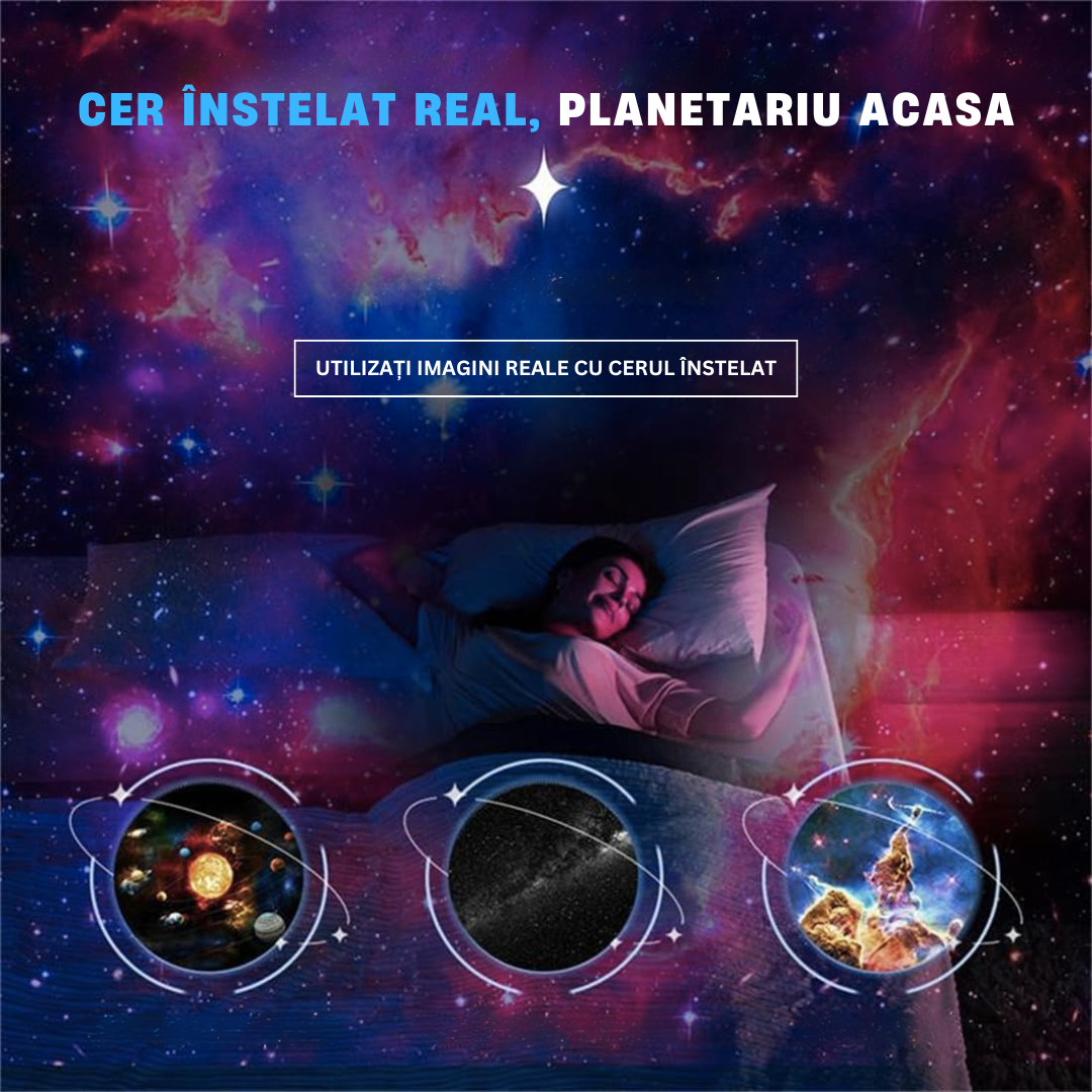 Lampa de Veghe tip Proiector Stele Lemaro®, Stele si Galaxii pentru Camera, 12 Discuri de Proiectie cu Sistemul Solar, Luna si Galaxii, Rotativ 360°, Alb
