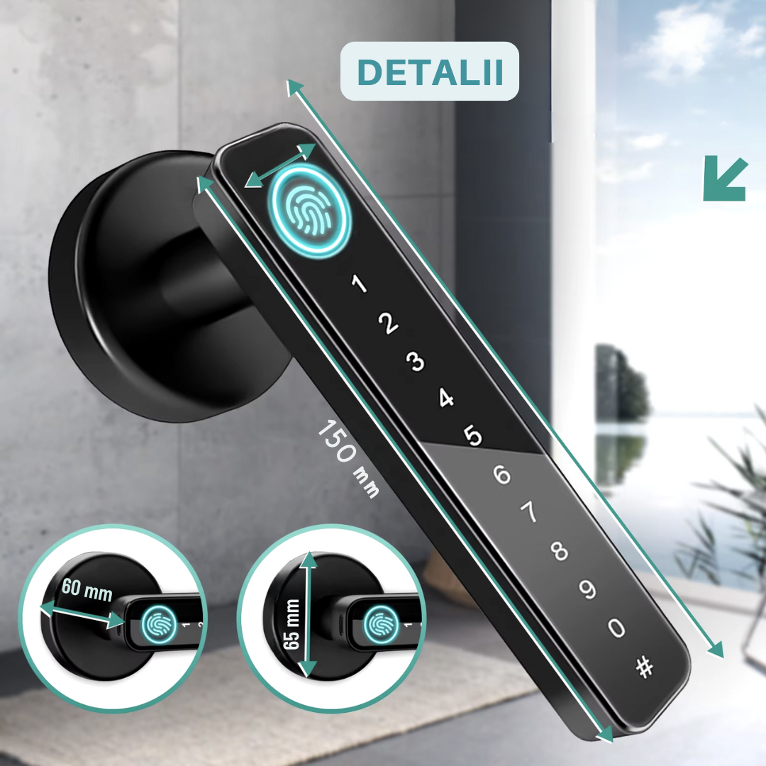 Yala Incuietoare Inteligenta Lemaro®, Acces prin Aplicatia Tuya, Inchidere digitala a usii, Amprenta, Cartela, Parole Temporare si Permanente, Cheie, Negru