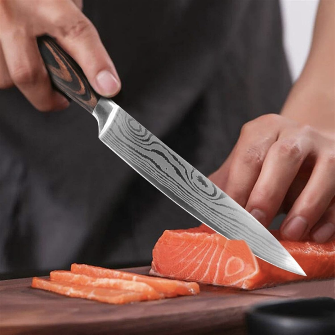 Set Cutite Profesionale de Bucatarie Japoneze Lemaro®, HRC 60, Calire Laser, 7 Cutite, Maner din Lemn, Calitate Premium