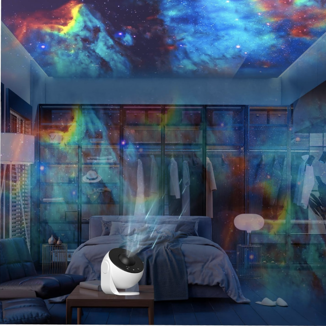 Lampa de Veghe tip Proiector Stele Lemaro®, Stele si Galaxii pentru Camera, 12 Discuri de Proiectie cu Sistemul Solar, Luna si Galaxii, Rotativ 360°, Alb