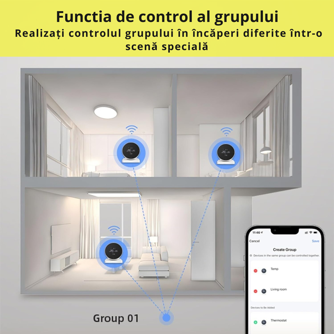 Termostat de Ambient Smart Lemaro®, WIFI si RF Wireless, Touchscreen, Control Vocal si de la Distanta via Telefon/Internet, Compatibil cu Tuya/Google Home,1 x HigroTermometru Inclus