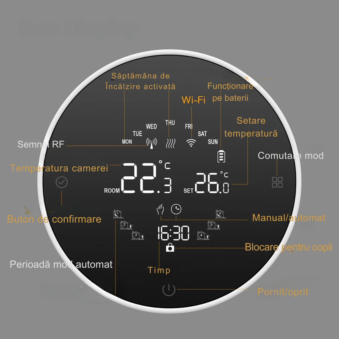 Termostat de Ambient Smart Lemaro®, WIFI si RF Wireless, Touchscreen, Control Vocal si de la Distanta via Telefon/Internet, Compatibil cu Tuya/Google Home,1 x HigroTermometru Inclus