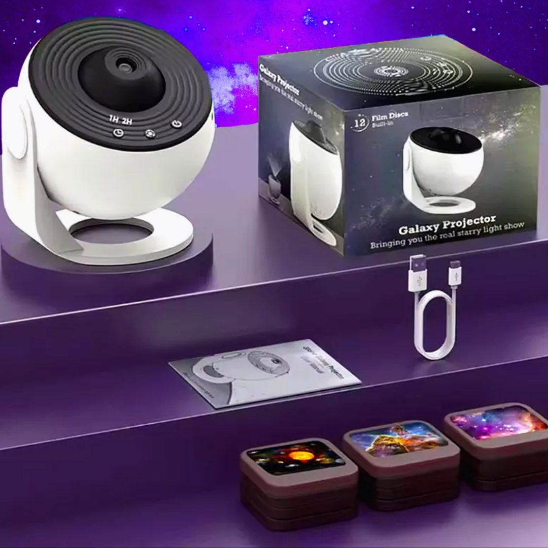 Lampa de Veghe tip Proiector Stele Lemaro®, Stele si Galaxii pentru Camera, 12 Discuri de Proiectie cu Sistemul Solar, Luna si Galaxii, Rotativ 360°, Alb