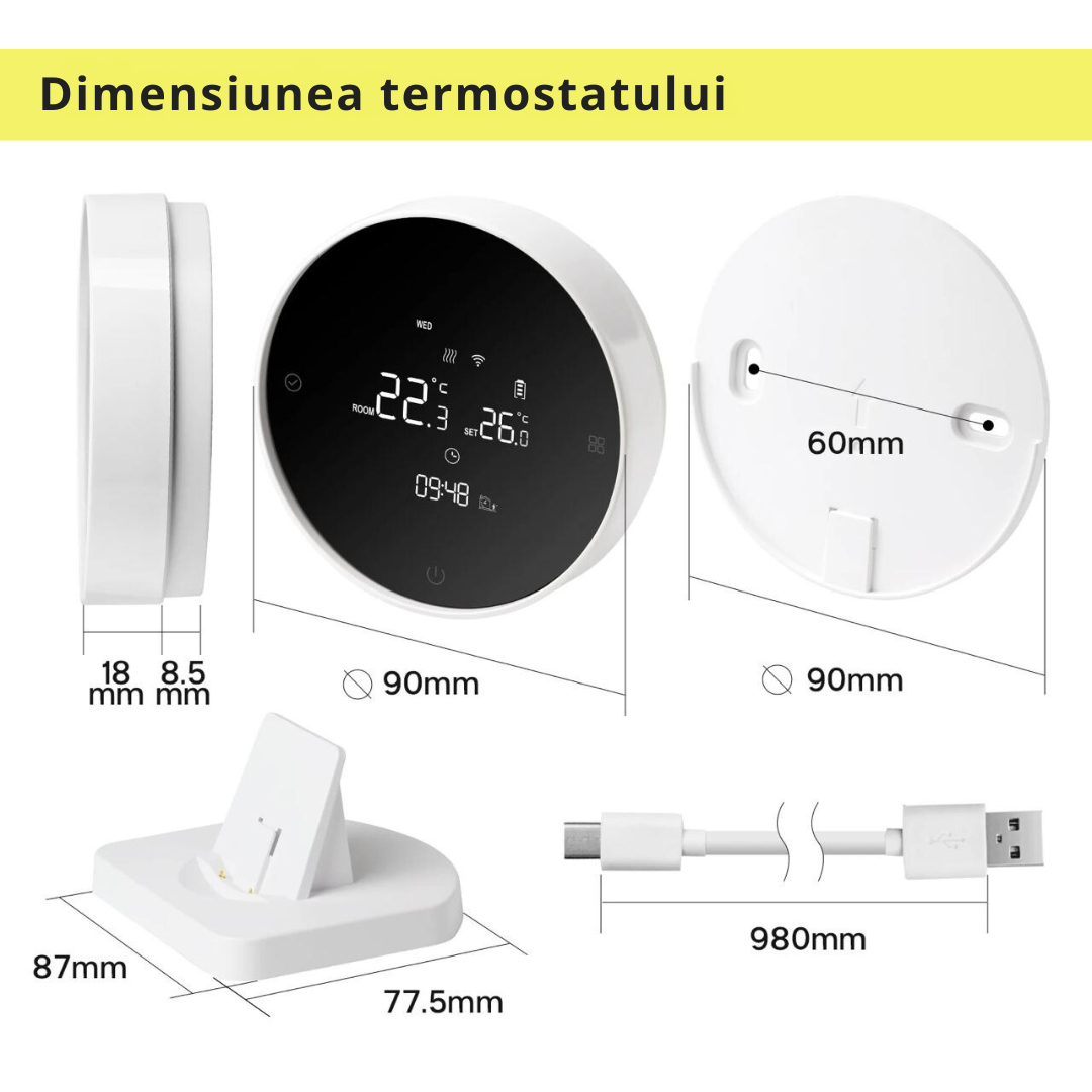 Termostat de Ambient Smart Lemaro®, WIFI si RF Wireless, Touchscreen, Control Vocal si de la Distanta via Telefon/Internet, Compatibil cu Tuya/Google Home,1 x HigroTermometru Inclus