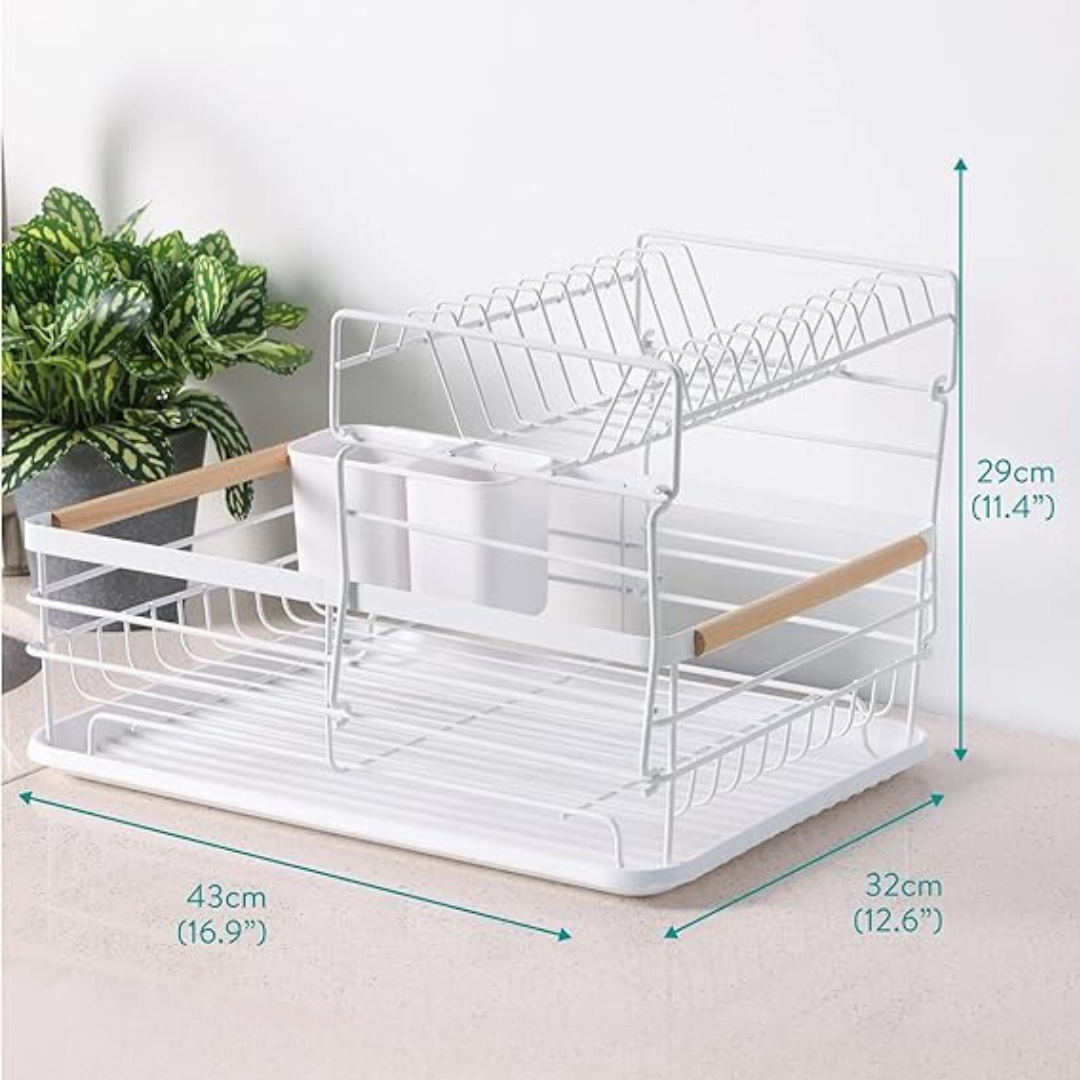 Scurgator de Vase, doua niveluri, Metal Cromat, Manere Lemn, Alb 43 x 29 x 27 cm