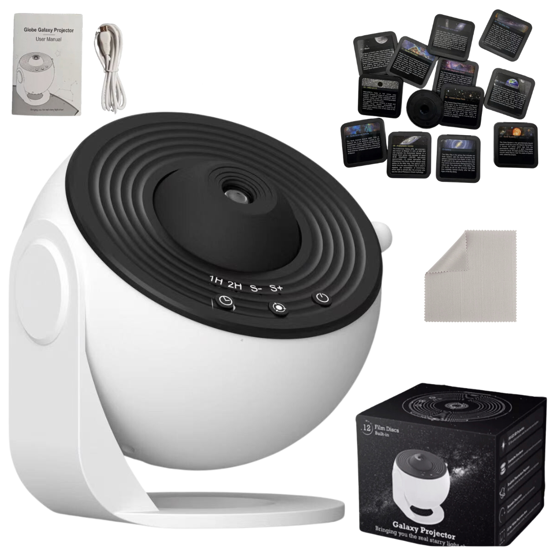 Lampa de Veghe tip Proiector Stele Lemaro®, Stele si Galaxii pentru Camera, 12 Discuri de Proiectie cu Sistemul Solar, Luna si Galaxii, Rotativ 360°, Alb