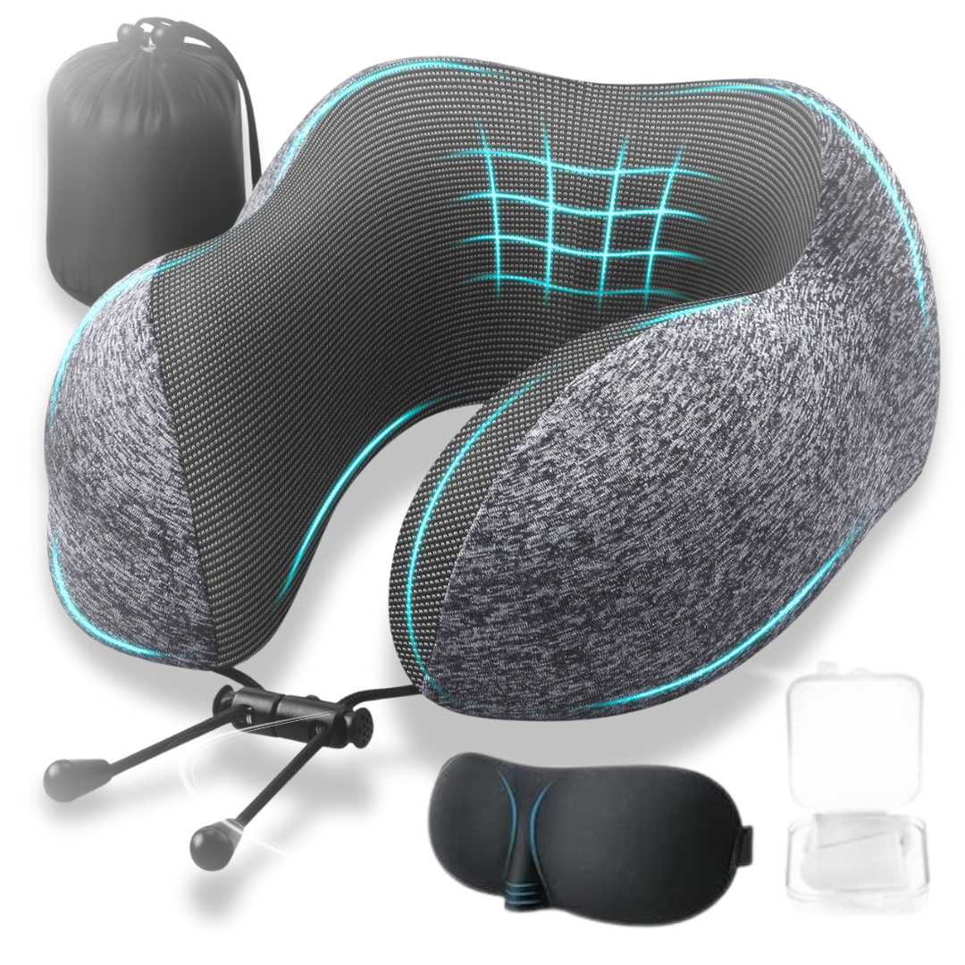 Perna Calatorie din Spuma cu Memorie, Masca de Dormit si Dopuri de Urechi Incluse, Gri