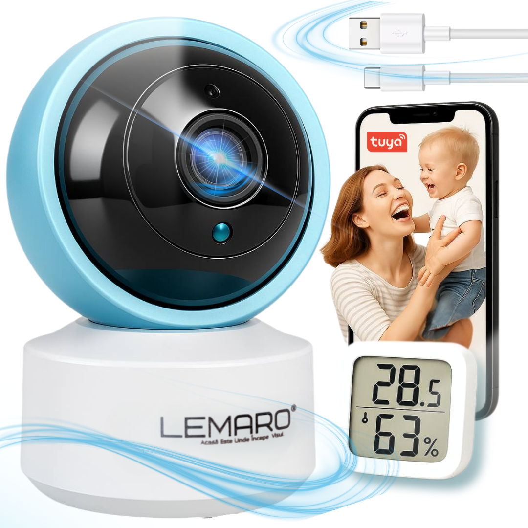 Baby Monitor Lemaro®, Full HD 360°, Camera Audio-Video Wireless pentru Supraveghere Bebelusi, 1 x HigroTermometru Inclus