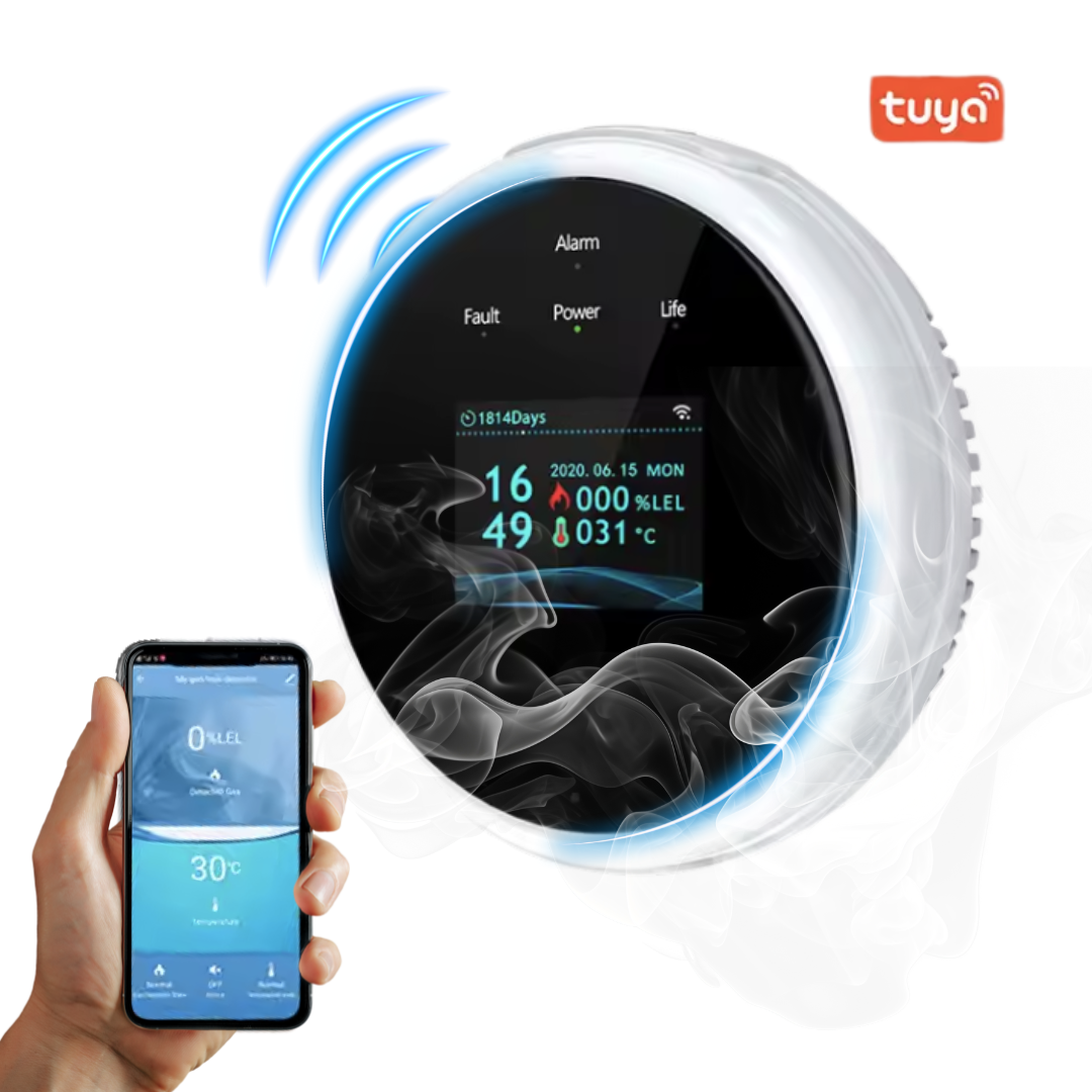 Senzor Detector de Gaz Natural si GPL Lemaro®, Display LCD, Control prin Aplicatia Tuya, Alerta pe telefon, Senzor de Temperatura, Wireless, Semnal Luminos si Acustic, Negru