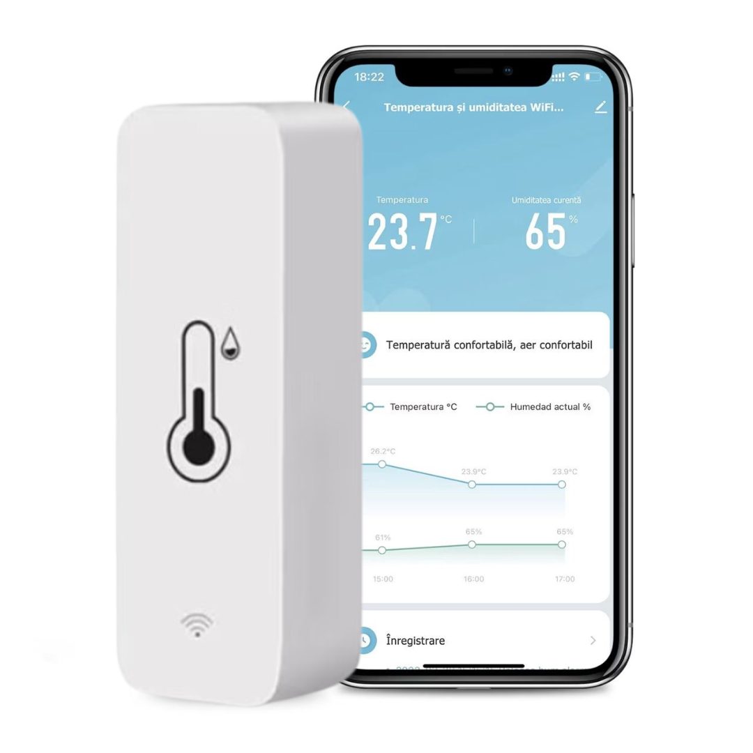 Senzor Temperatura si Umiditate, WiFi 2.4G, Monitorizare la Distanta, Voice Control,Compatibil cu Tuya/SmartLife/Alexa/Echo/Google Assistant, Alb