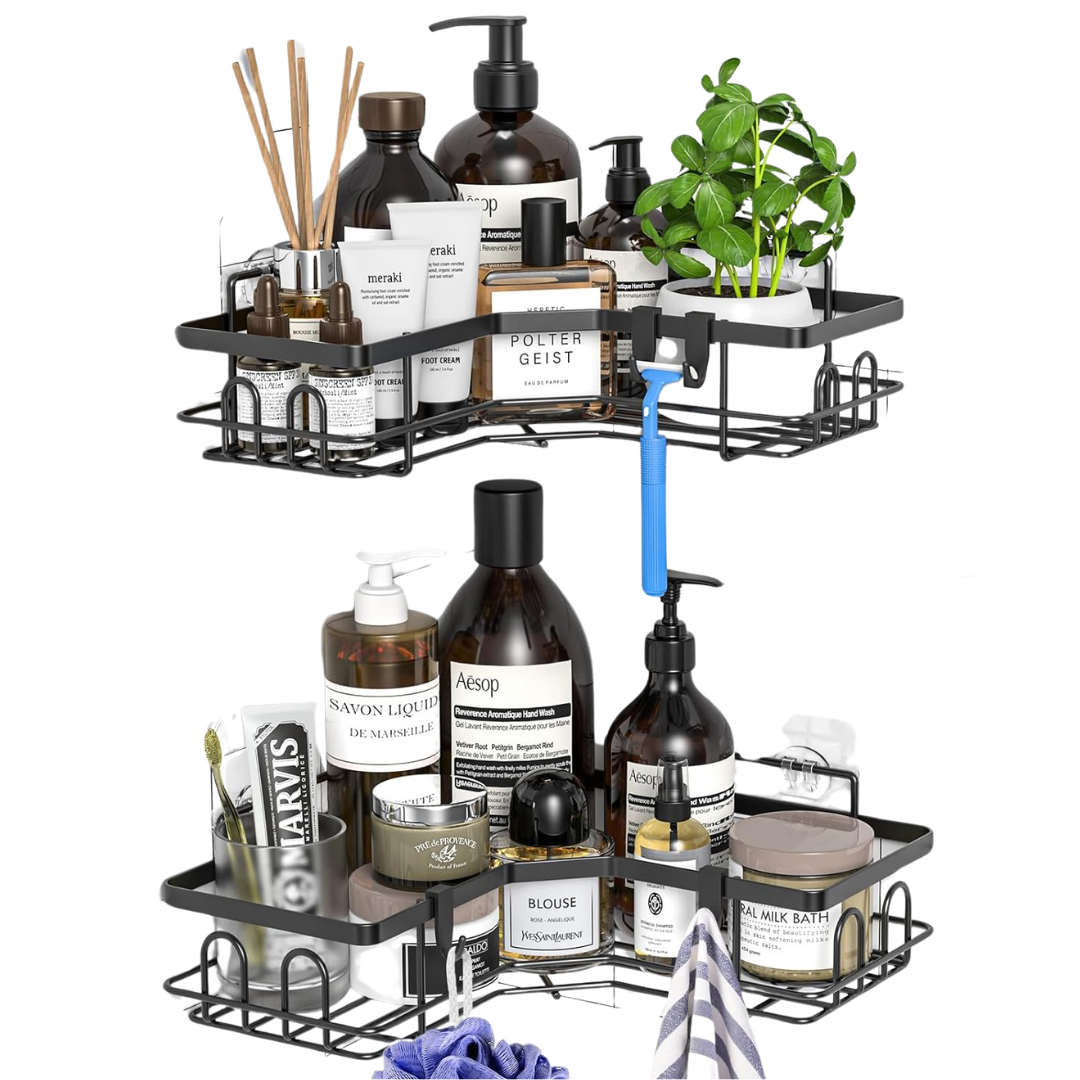 Set 2 Rafturi de Dus Etajera de Colt pentru Baie Lemaro®, pentru depozitare, Organizator in Bucatarie, Negru