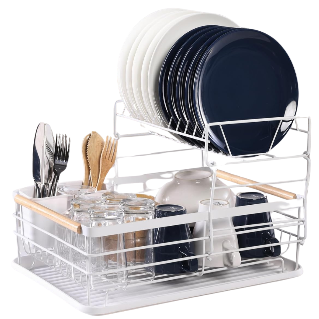 Scurgator de Vase, doua niveluri, Metal Cromat, Manere Lemn, Alb 43 x 29 x 27 cm