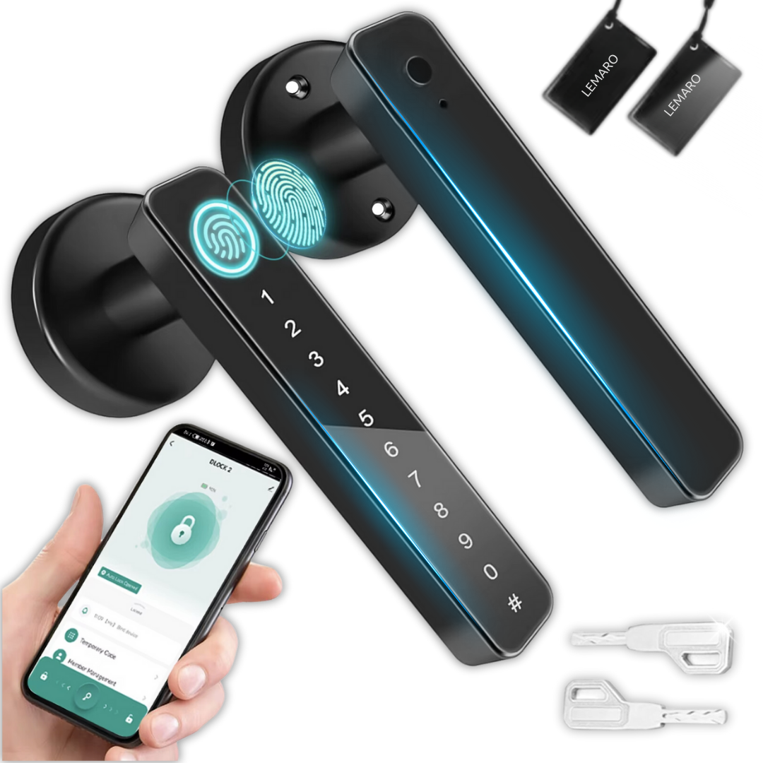 Yala Incuietoare Inteligenta Lemaro®, Acces prin Aplicatia Tuya, Inchidere digitala a usii, Amprenta, Cartela, Parole Temporare si Permanente, Cheie, Negru