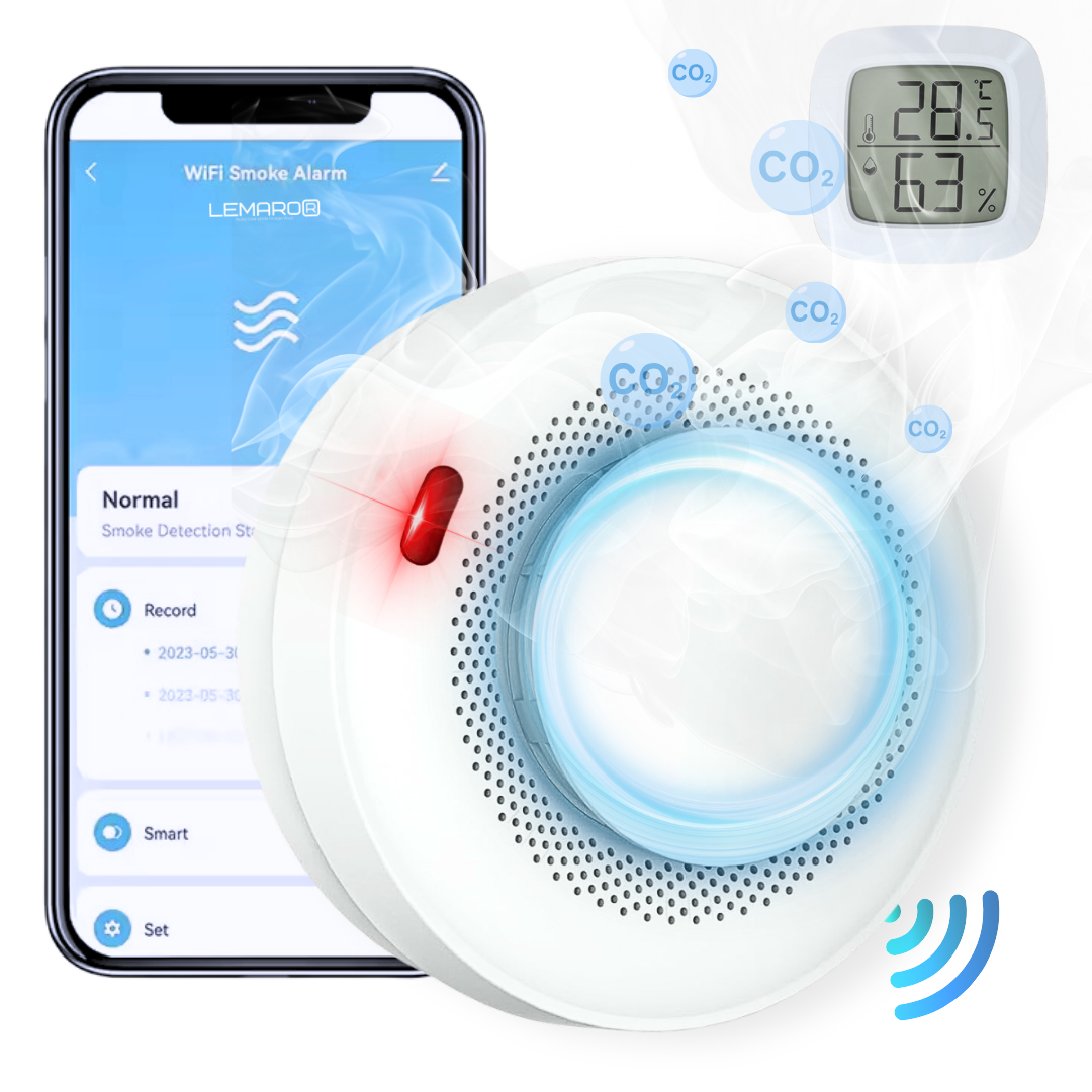 Detector Fum cu Senzor, Smart Wireless, Lemaro® 4, Alerte Push in Timp Real, HigroTermometru Inclus, Alb