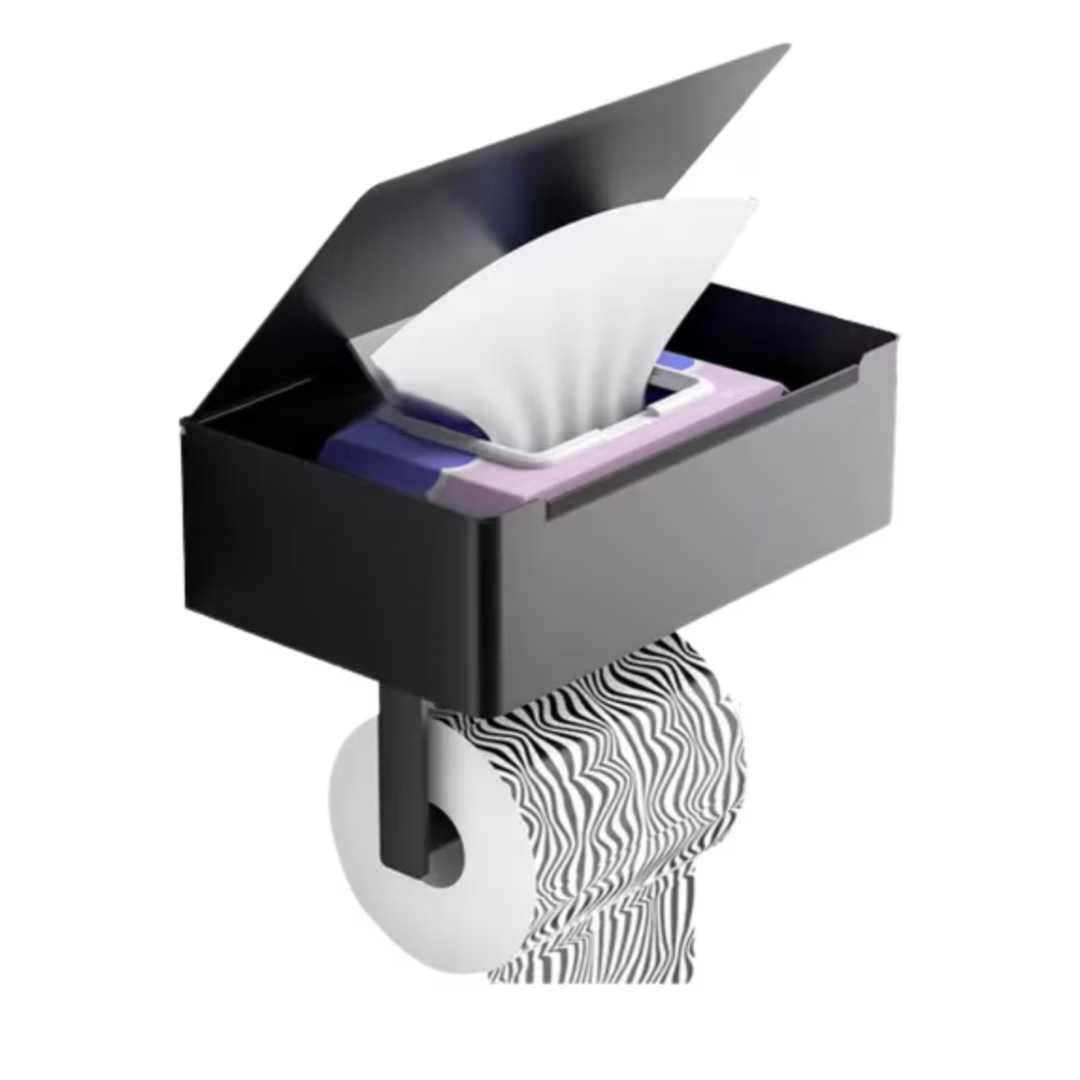 Suport hartie igienica Lemaro®, cu Raft Depozitare Servetele Umede si Raft pentru Telefon, 14, 5 x 20, 5 x 12 cm, Negru