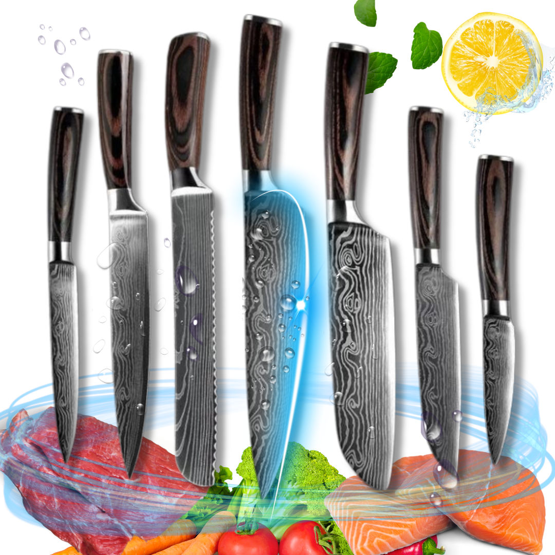 Set Cutite Profesionale de Bucatarie Japoneze Lemaro®, HRC 60, Calire Laser, 7 Cutite, Maner din Lemn, Calitate Premium