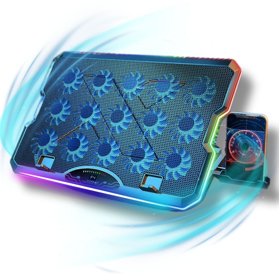 Cooler Laptop cu 15 Ventilatoare Silentioase Lemaro®, Display Tactil si RGB, Suport Telefon Integrat, Reglare Ergonomica in 7 Trepte, Racire de Mare Viteza, Compatibilitate Universala, Albastru