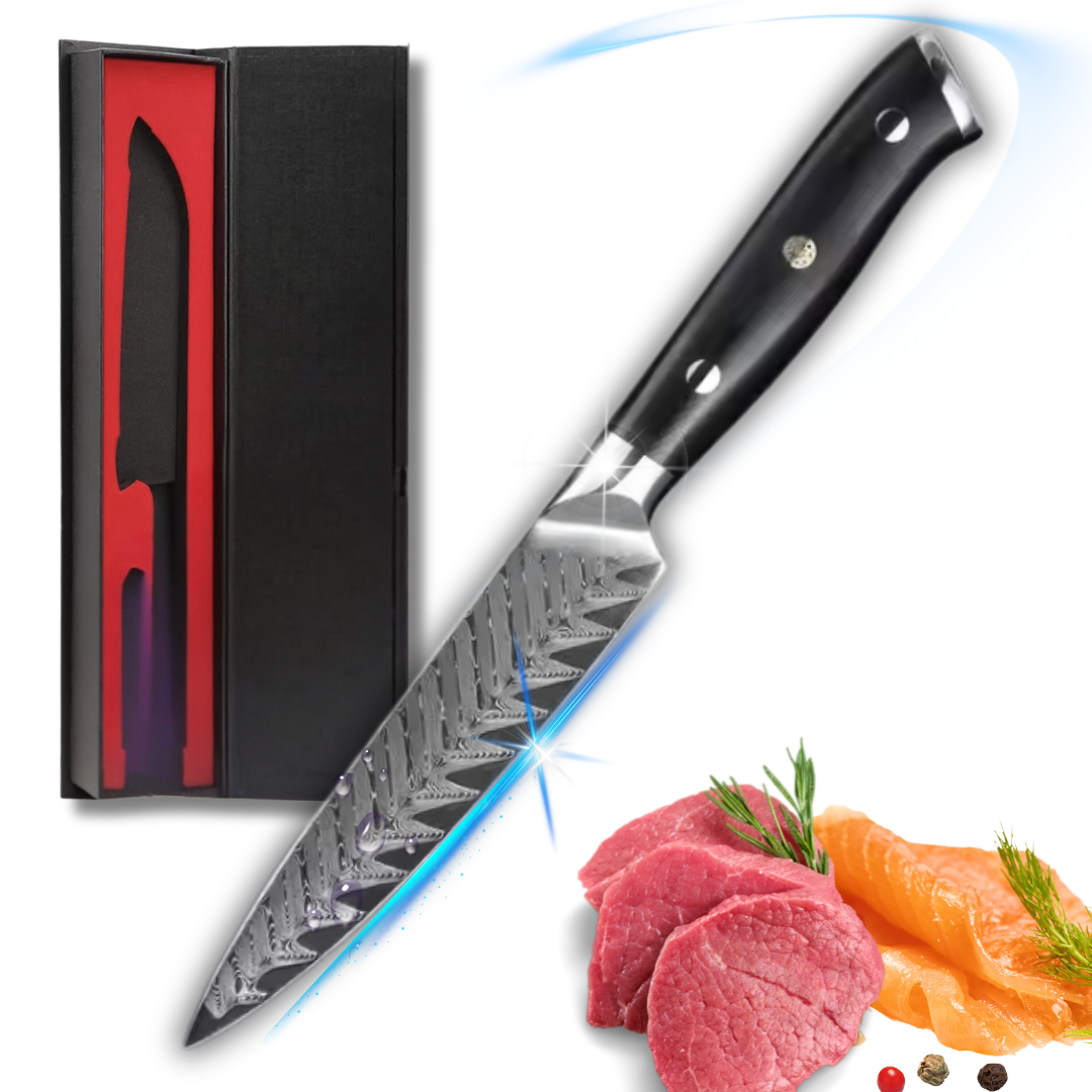 Cutit de Bucatarie Profesional Lemaro®, din Otel cu Continut Ridicat de Carbon, Maner Ergonomic din Lemn Pakka, Lama cu Design Deosibit