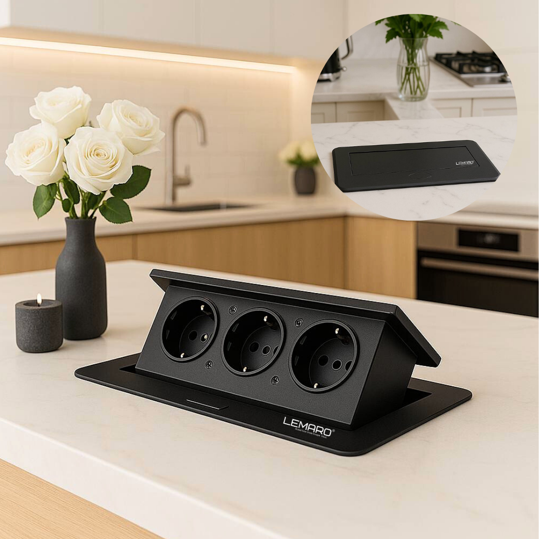 Priza Incorporabila in Blat Bucatarie, Masa sau Birou Lemaro®, 3 Prize Schuko, Incastrabila, Negru