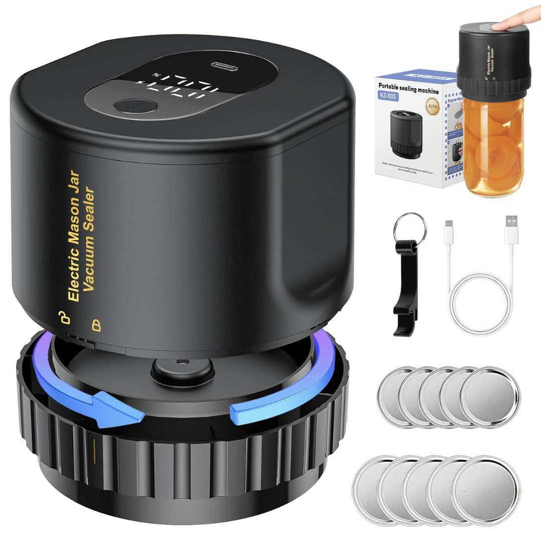 Aparat de Vidat si Sigilat Borcane, Recipiente cu Capac, Profesional Lemaro®, Capete Ajustabile, Diferite Dimensiuni, Afisaj LED Digital, Incarcare USB C, Portabil, Negru