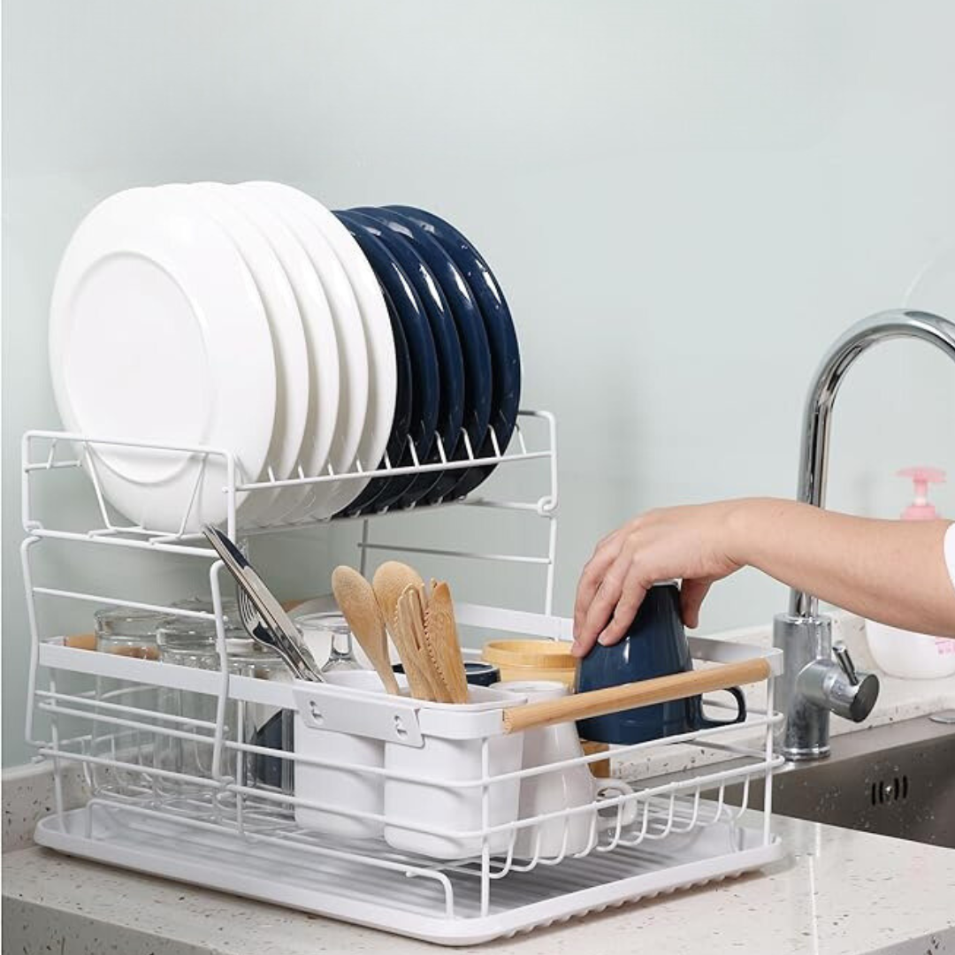 Scurgator de Vase, doua niveluri, Metal Cromat, Manere Lemn, Alb 43 x 29 x 27 cm