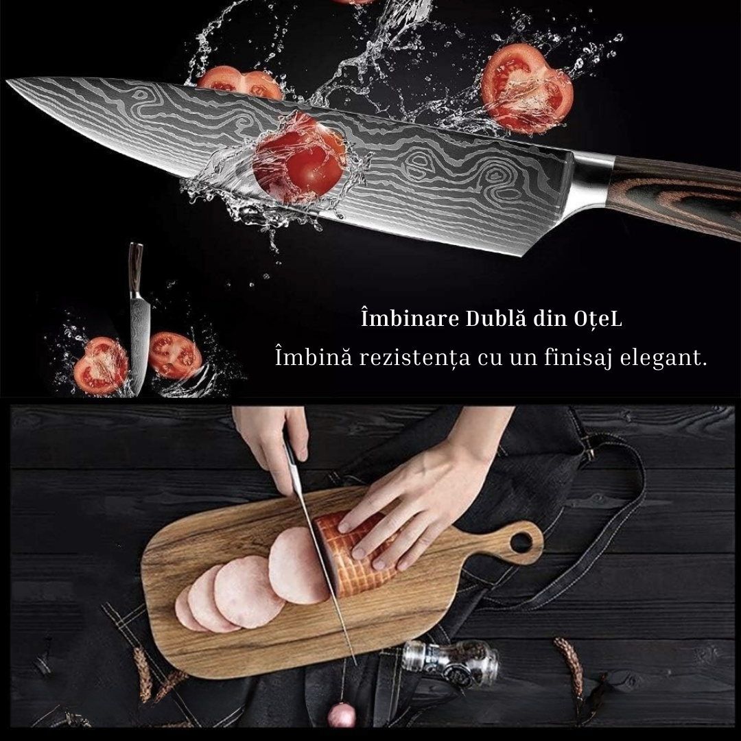 Set Cutite Profesionale de Bucatarie Japoneze Lemaro®, HRC 60, Calire Laser, 7 Cutite, Maner din Lemn, Calitate Premium