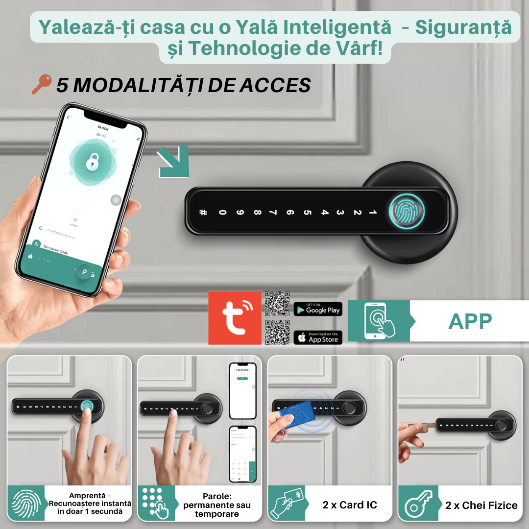 Yala Incuietoare Inteligenta Lemaro®, Acces prin Aplicatia Tuya, Inchidere digitala a usii, Amprenta, Cartela, Parole Temporare si Permanente, Cheie, Negru