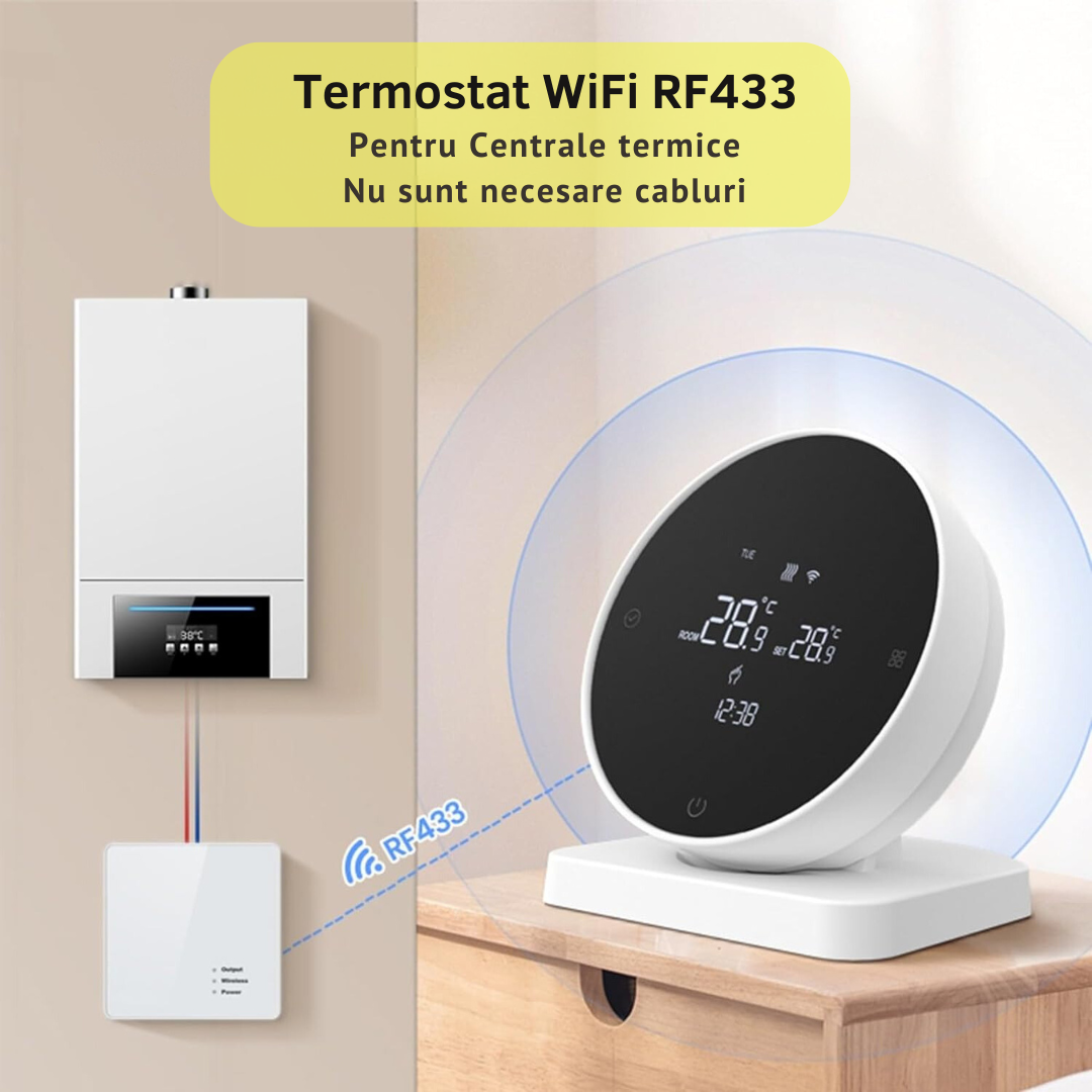 Termostat de Ambient Smart Lemaro®, WIFI si RF Wireless, Touchscreen, Control Vocal si de la Distanta via Telefon/Internet, Compatibil cu Tuya/Google Home,1 x HigroTermometru Inclus