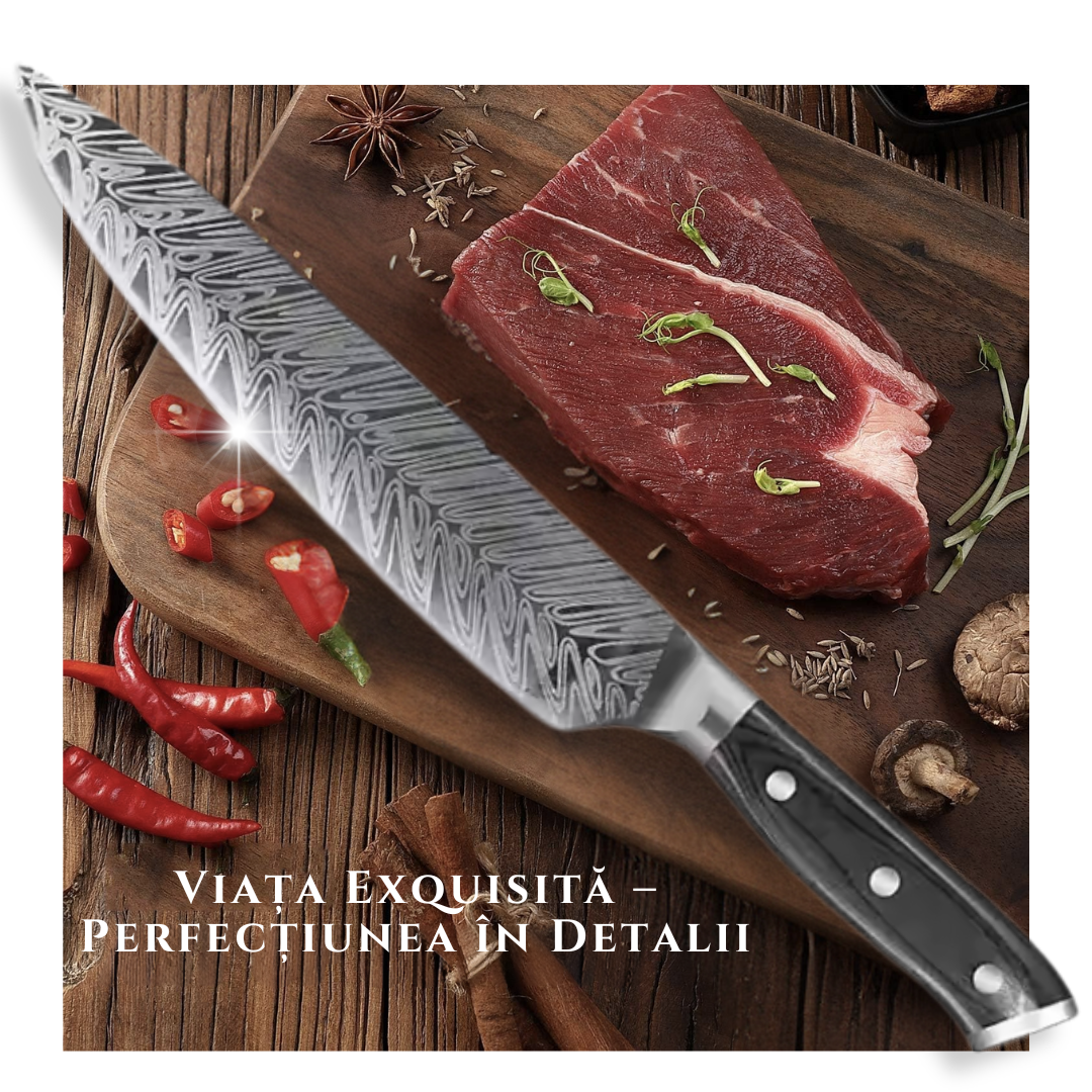 Cutit de Bucatarie Profesional Lemaro®, din Otel cu Continut Ridicat de Carbon, Maner Ergonomic din Lemn Pakka, Lama cu Design Deosibit