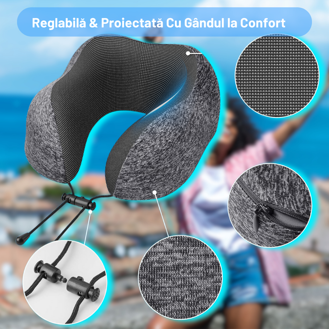 Perna Calatorie din Spuma cu Memorie, Masca de Dormit si Dopuri de Urechi Incluse, Gri