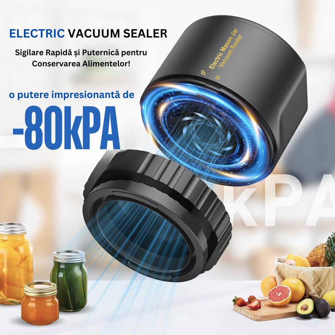 Aparat de Vidat si Sigilat Borcane, Recipiente cu Capac, Profesional Lemaro®, Capete Ajustabile, Diferite Dimensiuni, Afisaj LED Digital, Incarcare USB C, Portabil, Negru