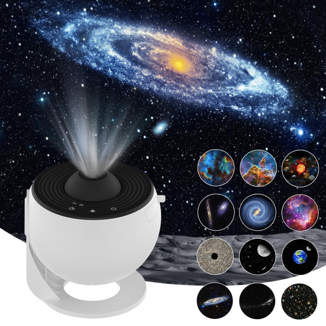 Lampa de Veghe tip Proiector Stele Lemaro®, Stele si Galaxii pentru Camera, 12 Discuri de Proiectie cu Sistemul Solar, Luna si Galaxii, Rotativ 360°, Alb