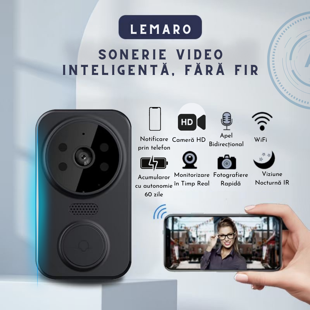 Sonerie Video Inteligenta Lemaro®, Fara Fir Wireless, Control la distanta prin APP Tuya Smart