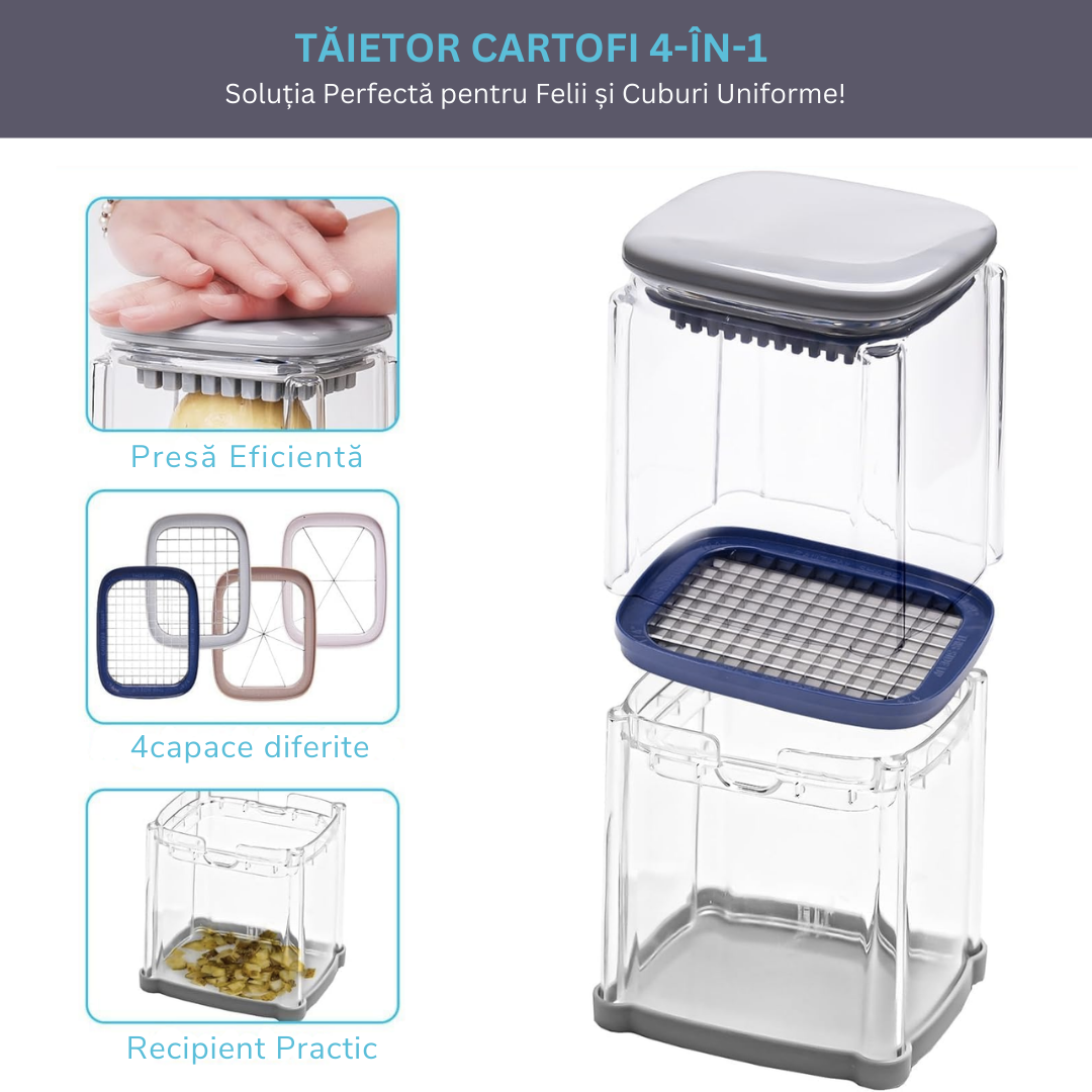 Aparat Manual de Taiat cartofii Premium, Lemaro® 4 in 1, pentru Legume si Fructe, Cartofi Pai, 4 x Lame, Gri