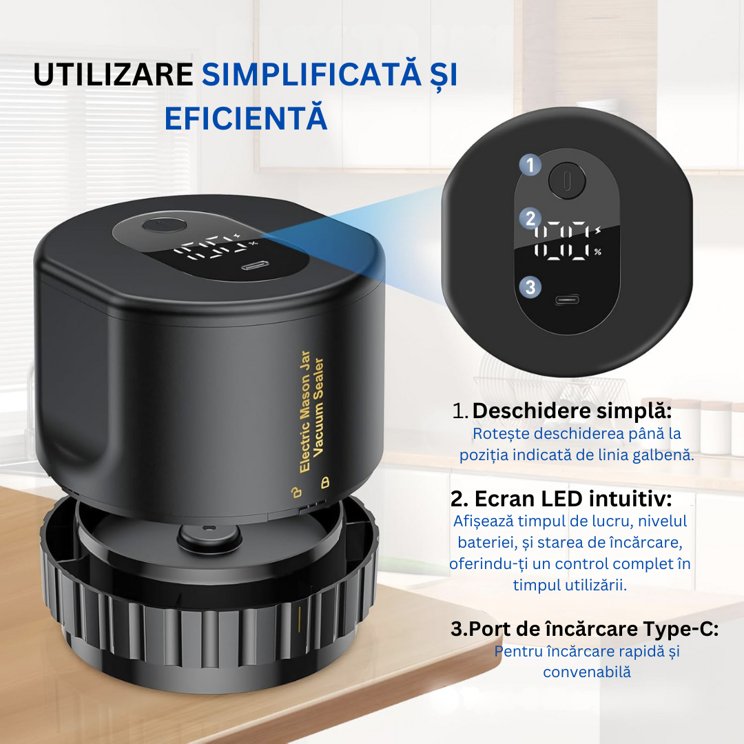 Aparat de Vidat si Sigilat Borcane, Recipiente cu Capac, Profesional Lemaro®, Capete Ajustabile, Diferite Dimensiuni, Afisaj LED Digital, Incarcare USB C, Portabil, Negru