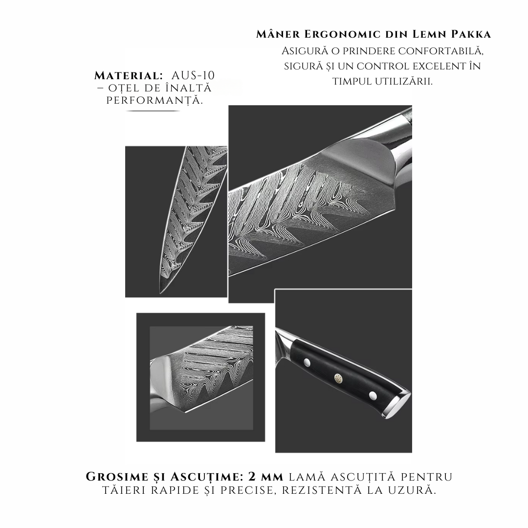 Cutit de Bucatarie Profesional Lemaro®, din Otel cu Continut Ridicat de Carbon, Maner Ergonomic din Lemn Pakka, Lama cu Design Deosibit