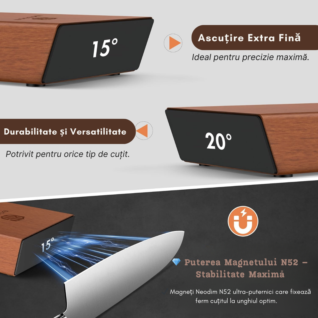 Ascutitor Cutite Rulant Premium Lemaro®, Magnetic, Piatra Diamantata, 2 granulatii (400/1000), 2 unghiuri (15/20), Lemn