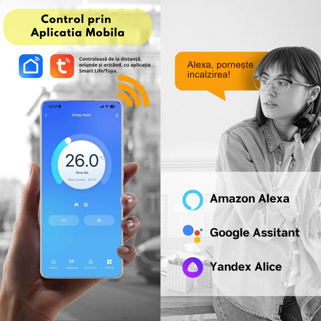 Termostat de Ambient Smart Lemaro®, WIFI si RF Wireless, Touchscreen, Control Vocal si de la Distanta via Telefon/Internet, Compatibil cu Tuya/Google Home,1 x HigroTermometru Inclus