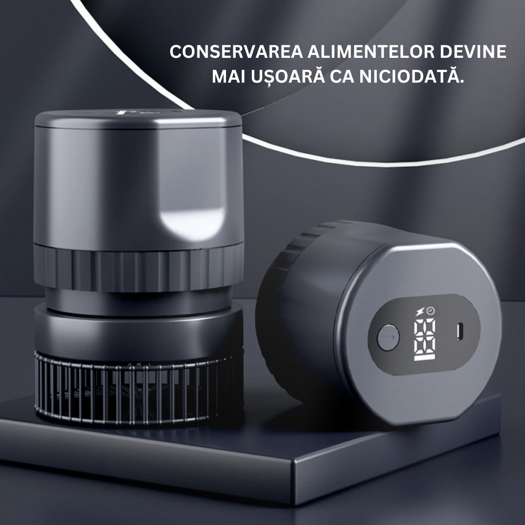 Aparat de Vidat si Sigilat Borcane, Recipiente cu Capac, Profesional Lemaro®, Capete Ajustabile, Diferite Dimensiuni, Afisaj LED Digital, Incarcare USB C, Portabil, Negru