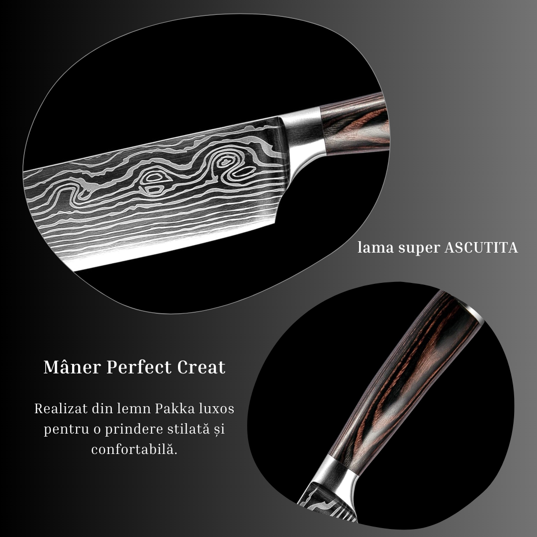 Set Cutite Profesionale de Bucatarie Japoneze Lemaro®, HRC 60, Calire Laser, 7 Cutite, Maner din Lemn, Calitate Premium