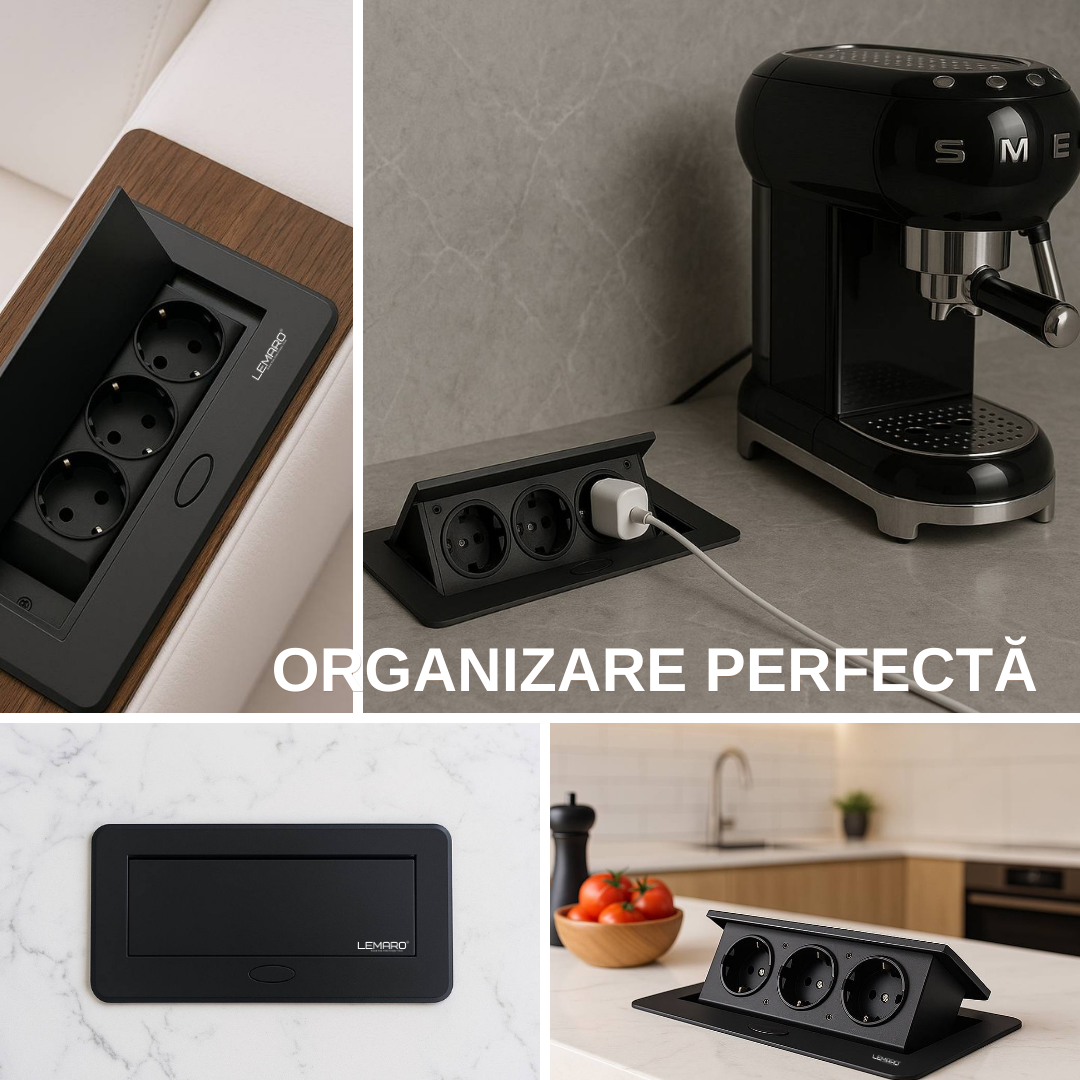 Priza Incorporabila in Blat Bucatarie, Masa sau Birou Lemaro®, 3 Prize Schuko, Incastrabila, Negru