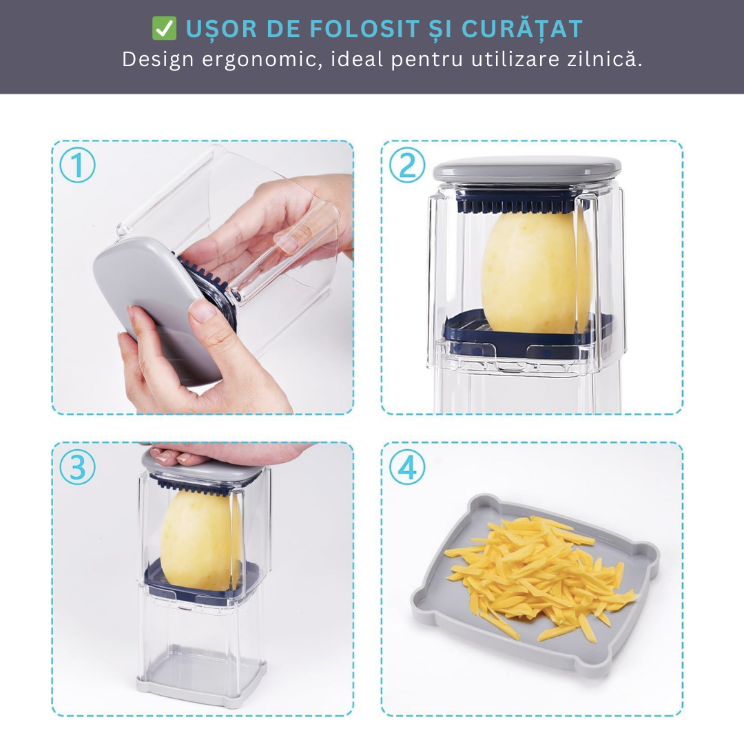 Aparat Manual de Taiat cartofii Premium, Lemaro® 4 in 1, pentru Legume si Fructe, Cartofi Pai, 4 x Lame, Gri