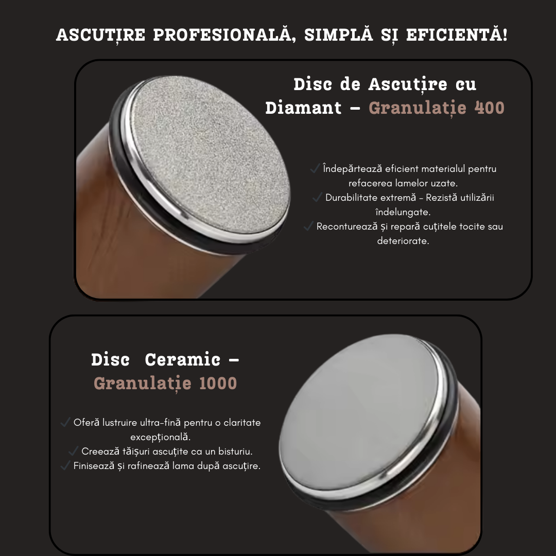 Ascutitor Cutite Rulant Premium Lemaro®, Magnetic, Piatra Diamantata, 2 granulatii (400/1000), 2 unghiuri (15/20), Lemn