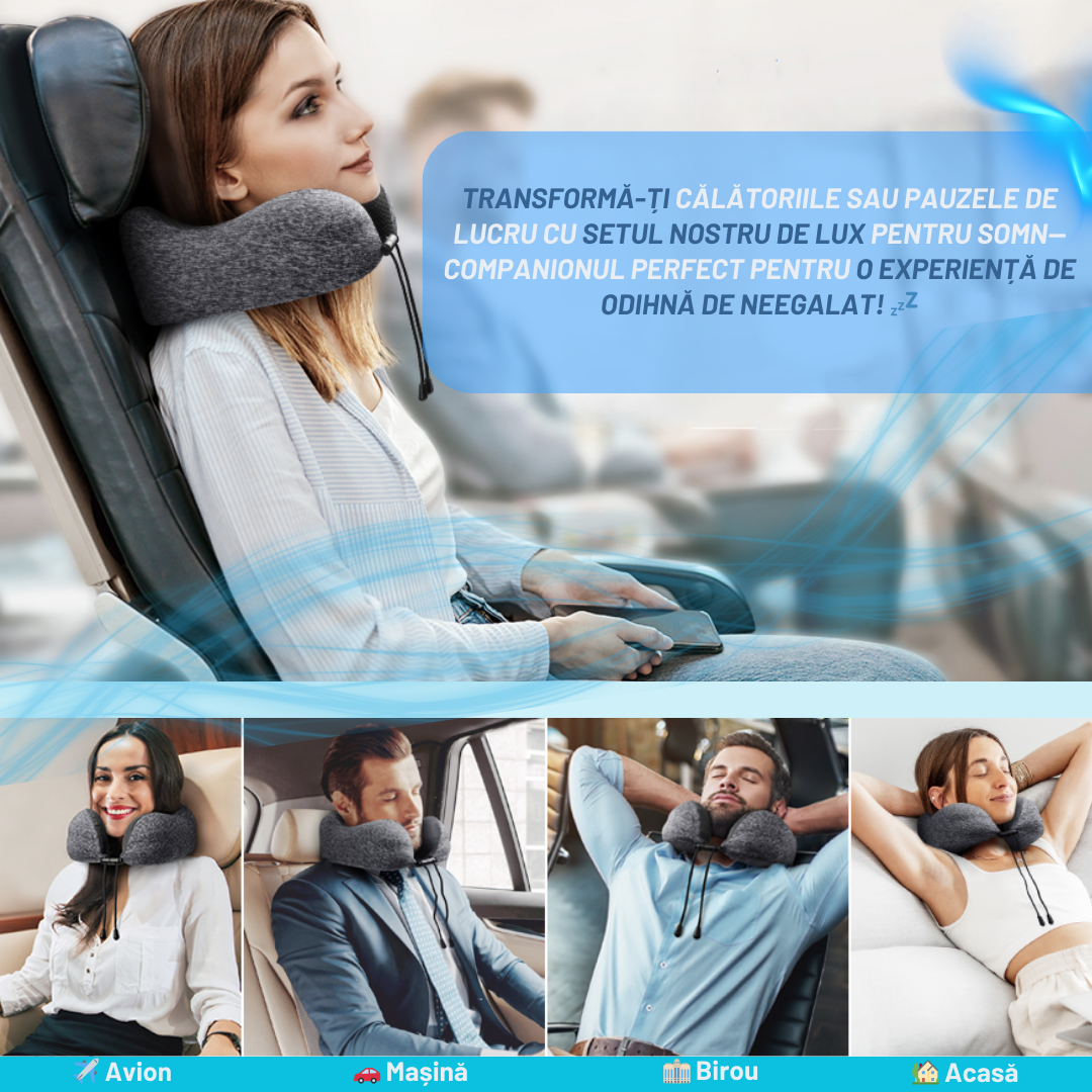 Perna Calatorie din Spuma cu Memorie, Masca de Dormit si Dopuri de Urechi Incluse, Gri