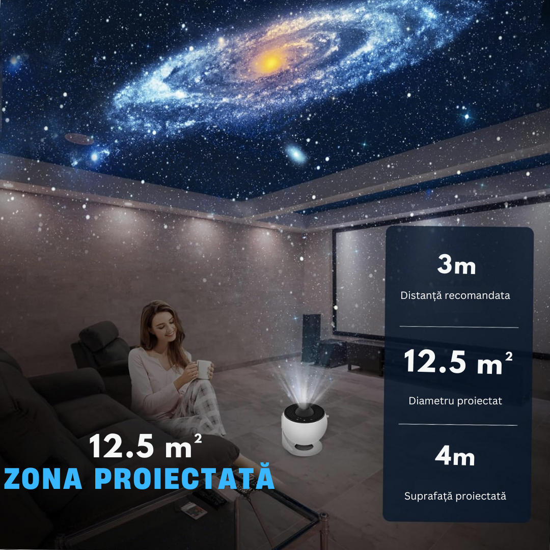 Lampa de Veghe tip Proiector Stele Lemaro®, Stele si Galaxii pentru Camera, 12 Discuri de Proiectie cu Sistemul Solar, Luna si Galaxii, Rotativ 360°, Alb
