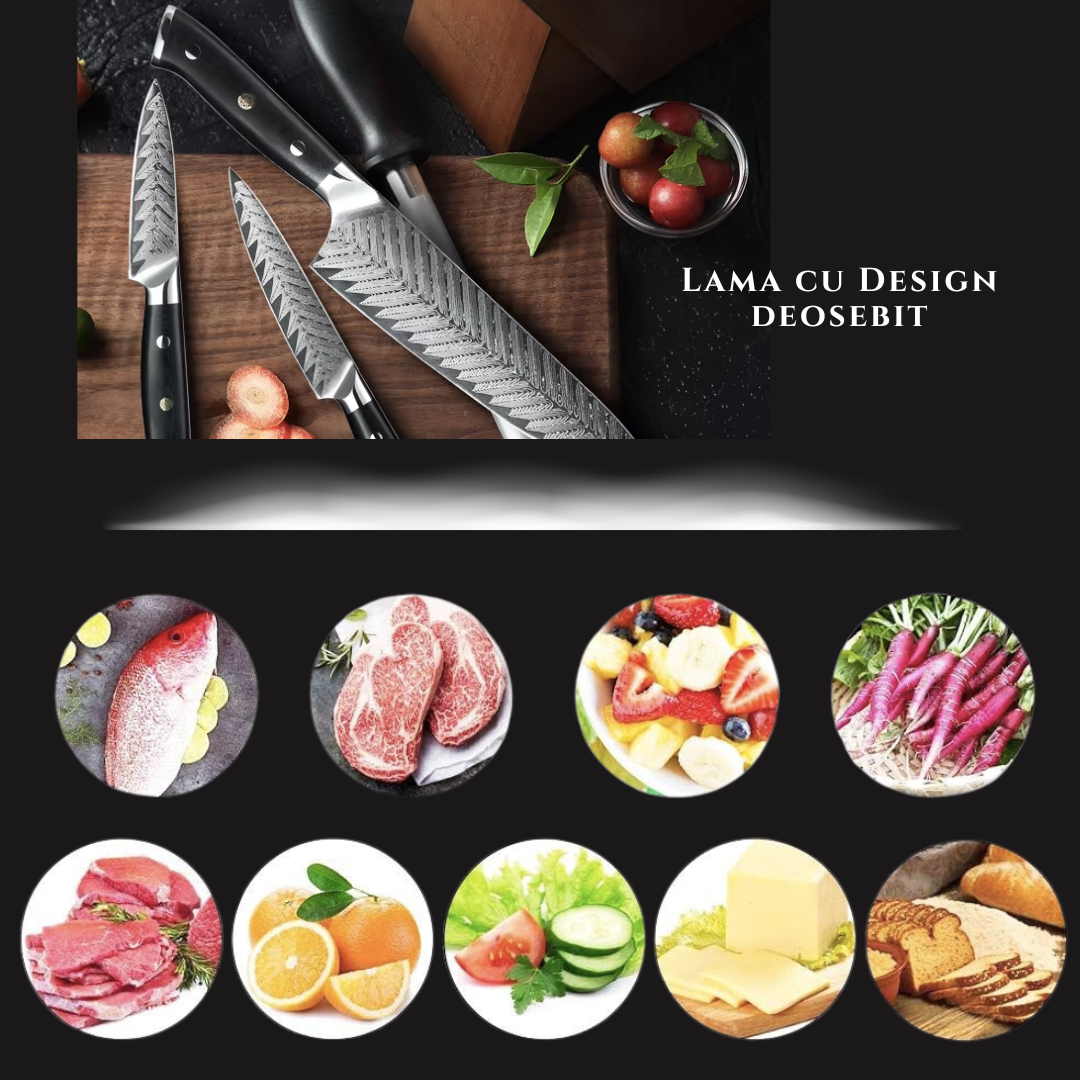 Cutit de Bucatarie Profesional Lemaro®, din Otel cu Continut Ridicat de Carbon, Maner Ergonomic din Lemn Pakka, Lama cu Design Deosibit