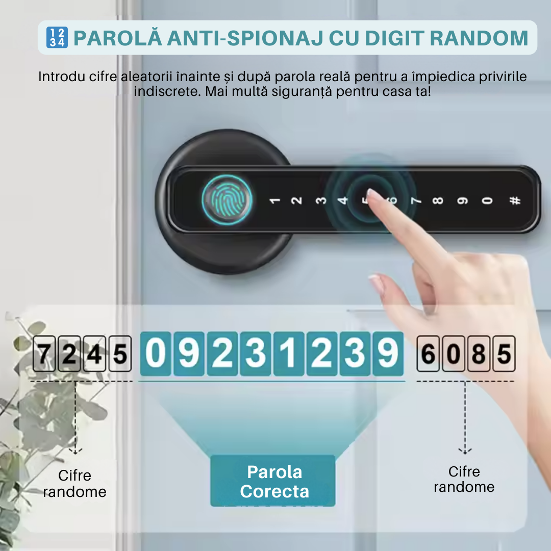 Yala Incuietoare Inteligenta Lemaro®, Acces prin Aplicatia Tuya, Inchidere digitala a usii, Amprenta, Cartela, Parole Temporare si Permanente, Cheie, Negru